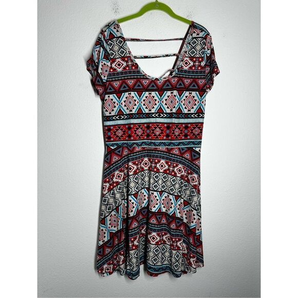 Bobbie Brooks Womens Dress Plus Size 1X Red Multi Geometric Strap Back - Picture 1 of 11